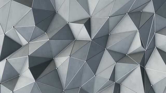 Abstract background with polygonal surface from concrete or plastic and metallic lines and spheres as net. Animation of seamless loop. 
