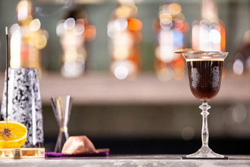 Coffe cocktail on luxury lounge bar counter. Freshness mix drink