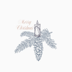 Merry Christmas Greeting Card or Label. Hand Drawn Holiday Illustrations. Fir-needle Branch with Strobile and Candle. Pastel Colors Layout.