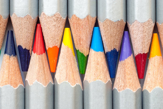Cohesive colored pencils. Sharpened colored pencils. A stack of colored pencils. Ready to paint.