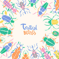 Vector doodle frame with big decorative tropic bugs. Bright beet