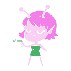 smiling alien girl flat color style cartoon pointing ray gun