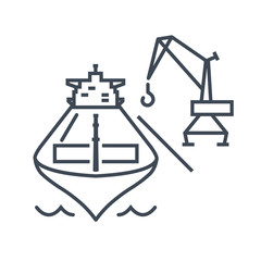 thin line icon loading and unloading cargo ship, harbor crane