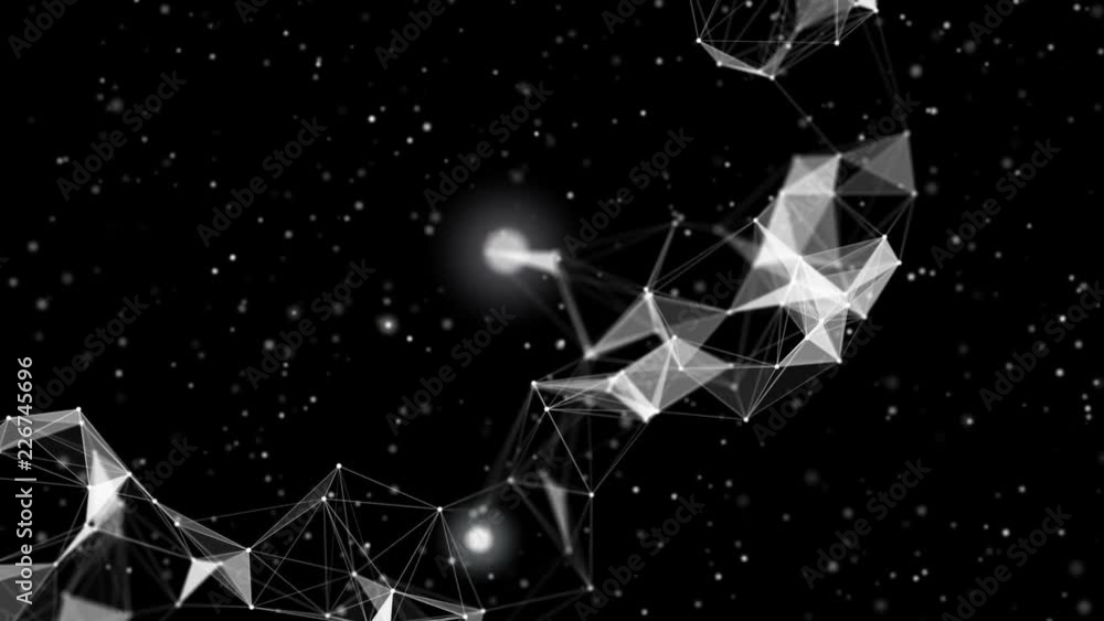 Poster the camera flies past the structure. flickering space. depth of field.particles blue dust abstract l