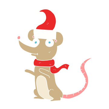 flat color illustration of a cartoon mouse wearing christmas hat