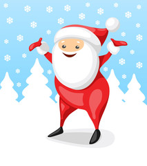 Santa Claus character. Happy Santa Claus with hands up in a winter forest. Vector illustration in cartoon style.