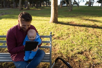 Father and baby boy using digital tablet in the park