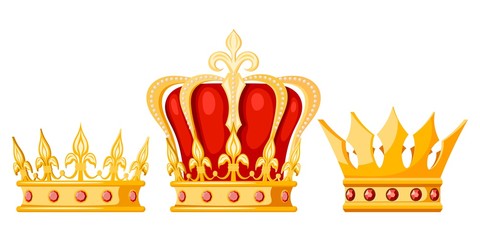 Set of golden crown monarchs on a white background. Isolated regalia of the king, queen, princess, prince. Subjects of coronation and power. Vector illustration © Oleksandr Rozhkov