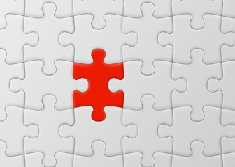 White jigsaw puzzle with unique red piece. One of many concept. Vector illustration