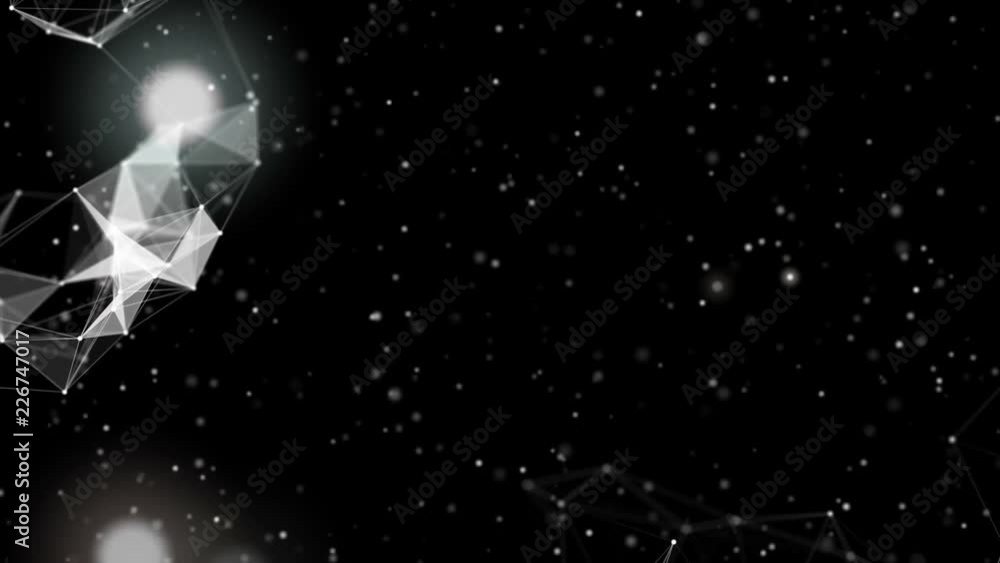 Poster the camera flies through two structures. flickering space. depth of field.particles blue dust abstra