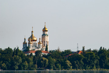 Church on the river, Golden domes, Church in the forest,