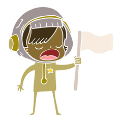 flat color style cartoon astronaut woman waving flag