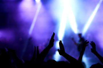 the guys put their hands up and enjoy the music. crowd at concert - summer music festival.