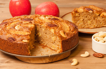 Homebaked Whole Wheat Flour Pie With Apples, Cinnamon, Cashew And Pecan Nuts.