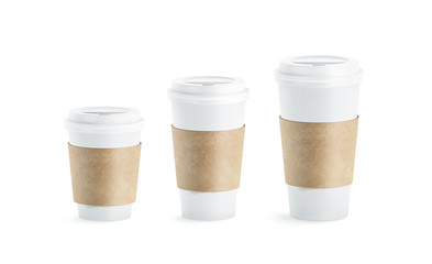 Blank white paper cup with craft sleeve holder mockup set, isolated, 3d rendering. Empty disposable container with clutches for coffee or tea mock up. Clear drink pack with zarfs different size.