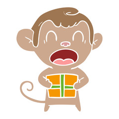 shouting flat color style cartoon monkey carrying christmas gift