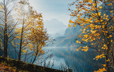 Sunny Autumn Landscape. Mountain Lake