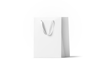 Blank white paper gift bag with silk handle mockup, isolated, 3d rendering. Empty shopping plastic pack mock up. Clear beautiful package template. Carry craft bagful for for present, side view.