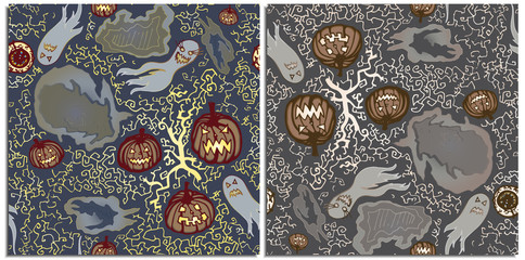 Fototapeta premium A set of seamless patterns with flying sinister and angry translucent ghosts, scary pumpkins,eyeball and dry glowing branches, clouds. Ghosts and pumpkins with glowing eyes inspire horror and fear.