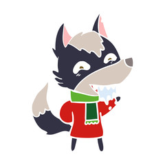 flat color style cartoon hungry wolf in winter clothes