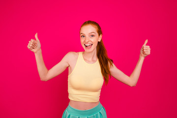 Portrait of nice attractive cheerful positive glad red-haired gi