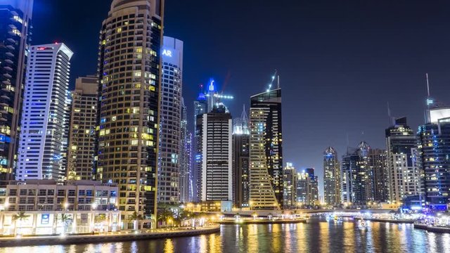 Dubai Marina District at night in beautiful timelapse video