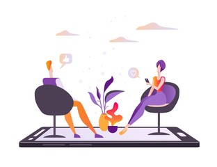 online dating, man and a woman sit in chairs on a smartphone and talk. Modern flat vector illustration isolated on white background
