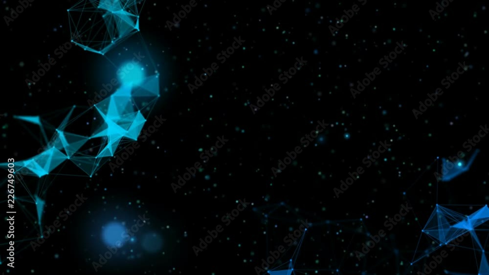 Poster clusters in the corners. flickering space. composition in blue tones. depth of field.particles blue 