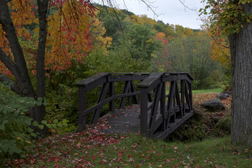 Rustic pedestrian bridge in the foliage park in New Hampshire 