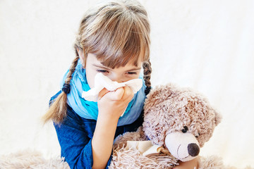 Sick child girl. Prescribe treatment. Selective focus.