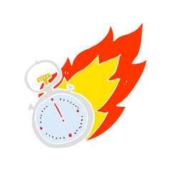 flat color illustration of a cartoon flaming stop watch
