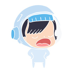 flat color style cartoon astronaut woman explaining