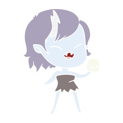 flat color style cartoon laughing vampire girl with skull