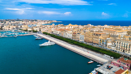 Fototapeta na wymiar Aerial. Ortigia a small island which is the historical centre of the city of Syracuse, Sicily. Italy.