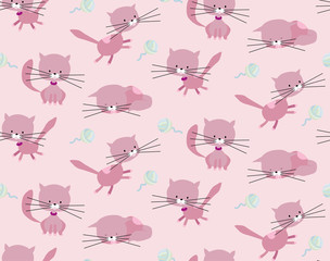 Cute pink vector cats seamless repeatable pattern