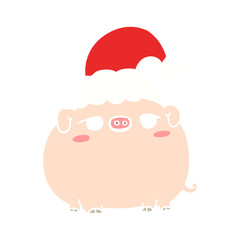 flat color style cartoon pig wearing christmas hat