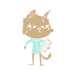tough flat color style cartoon cat with clipboard