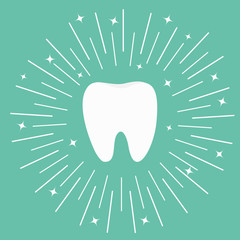 Healthy white tooth icon. Round line circle. Shining effect stars. Oral dental hygiene. Children teeth care. Green background. Flat design.
