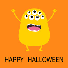 Happy Halloween. Yellow monster silhouette. Cute cartoon scary funny character. Baby collection. Eyse, tooth fang, tongue, hands up. Orange background. Isolated. Flat design.