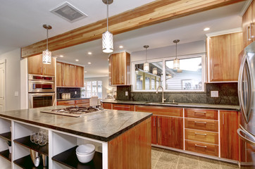 Luxurious kitchen room with wooden cabinets.