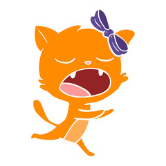 flat color style cartoon yawning cat