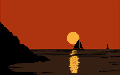 Naklejka na ściany i meble sunset, sun, sea, sky, sunrise, ocean, water, orange, red, nature, horizon,