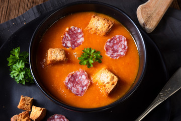 Hungarian paprika cream soup with spicy sausage