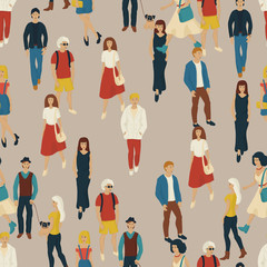 Seamless pattern with young people walking. Cartoon style illustration with men and woman. Casual street fashion vector.