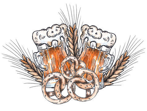watercolor sketch of the picture a glass beer mug ear grain Oktoberfest card. art's isolated. on white background. bagel