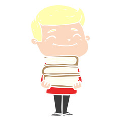 happy flat color style cartoon man with stack of books