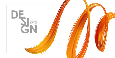 Banner template with 3d orange abstract brush stroke acrylic paint shape. Liquid wave. Trendy design