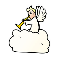 cartoon doodle angel on cloud with trumpet