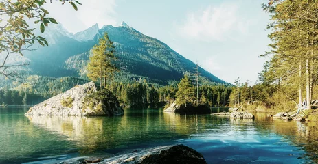 Zelfklevend Fotobehang Alpine Landscape with highland lake, under sunlight. © jenyateua