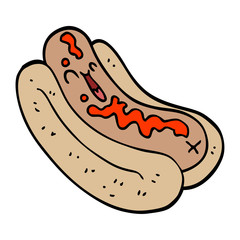 cartoon doodle hotdog in bun with ketchup